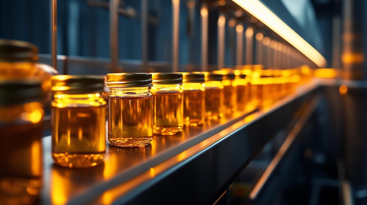 PSD 食品加工工廠的輸送帶上裝有琥珀液體的玻璃瓶