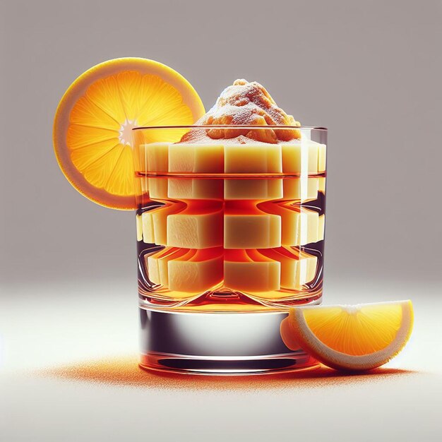 PSD a glass of juice with orange slices and a glass of ice cubes