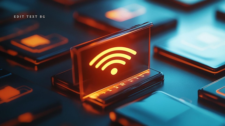 PSD glass laptop with glowing wifi symbol among others