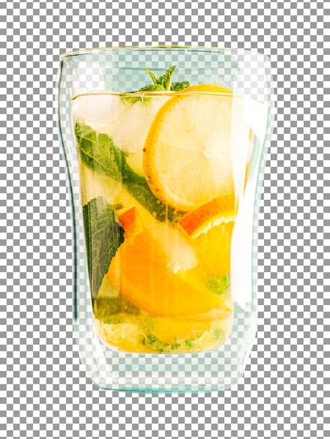 A glass of lemonade with a green leaf on transparent background