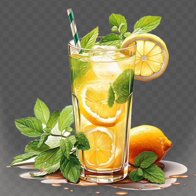 PSD a glass of lemonade with a straw and mint leaves