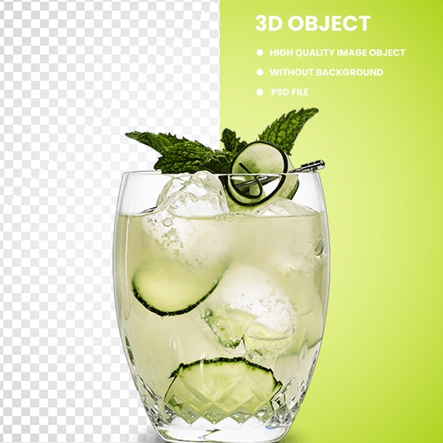 PSD glass of lemonade with straw and piece of lemon refreshing drink with lemon slices tasty mint julep