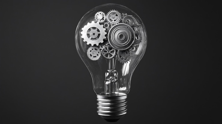 PSD glass lightbulb filled with intricate metal gears symbolizing innovation and ideas