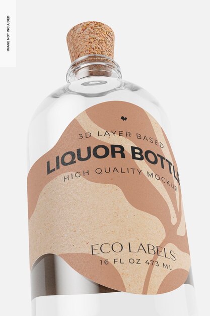 Bottiglia di liquore in vetro con mockup di sughero, primo piano