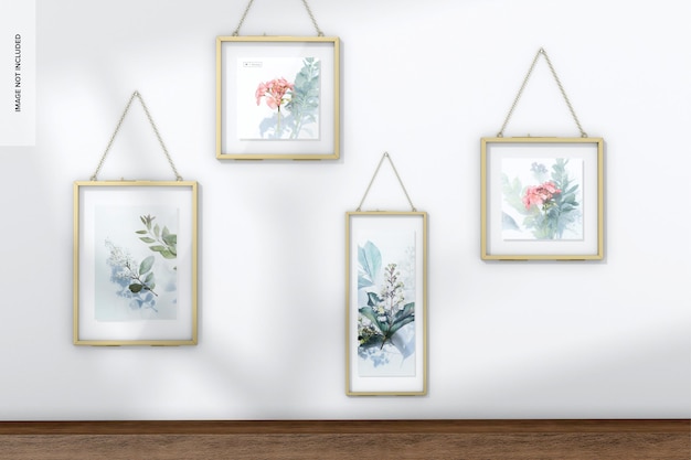 Glass and metal hanging photo frames mockup