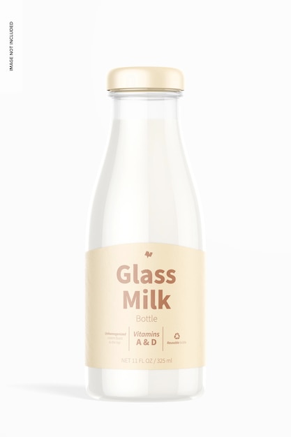 PSD glass milk bottle mockup, front view