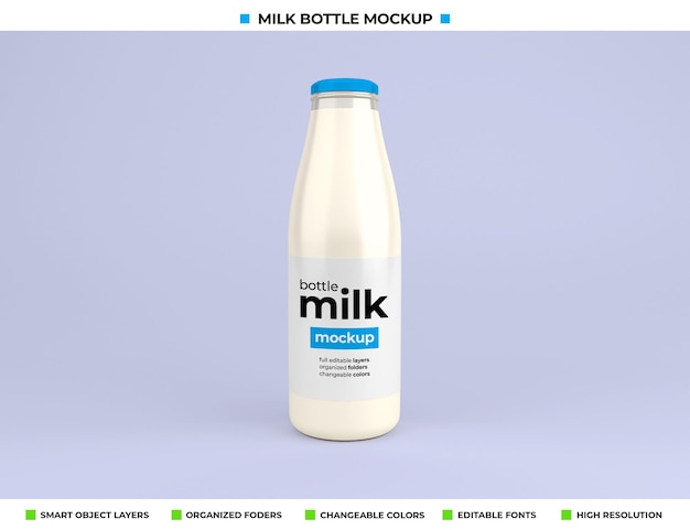 PSD mockup di bottiglia di latte in vetro per il pacchetto del prodotto