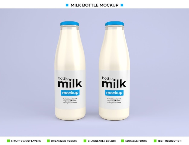 PSD mockup di bottiglia di latte in vetro per il pacchetto del prodotto