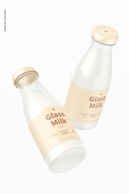 Mockup di bottiglie di latte in vetro, galleggiante