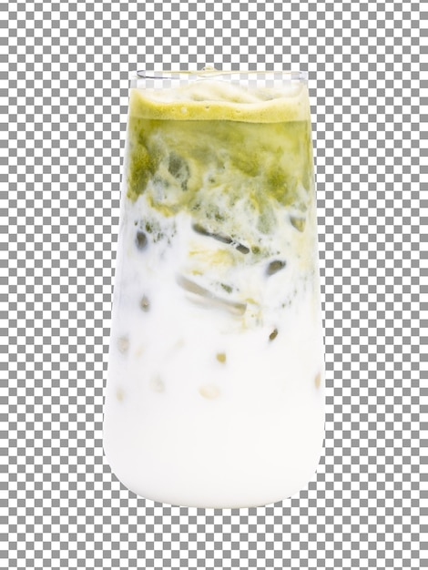 Un bicchiere di latte con un budino di semi di banana verde e giallo su sfondo trasparente