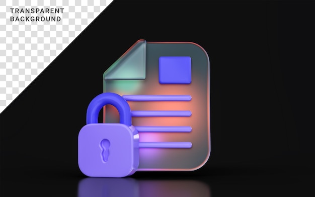 glass morphism document lock icon with colorful gradient light on dark background 3d render concept