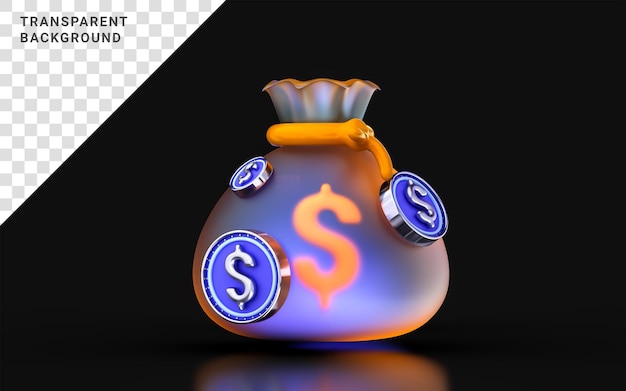 glass morphism dollar bag icon with colorful gradient light on dark background 3d render concept