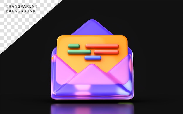 PSD glass morphism envelope document icon with colorful gradient light on dark background 3d render