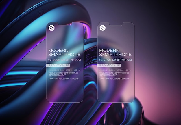 PSD cellulare con morfismo in vetro con sfondo modificabile mockup