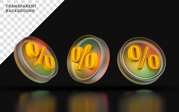 glass morphism percentage icon three view angle colorful gradient light on dark background 3d render