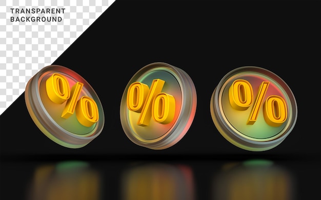 Glass morphism percentage icon three view angle colorful gradient light on dark background 3d render