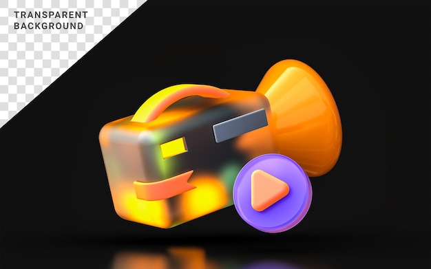 Icona della videocamera con morfismo di vetro con luce sfumata colorata su sfondo scuro concetto di rendering 3d
