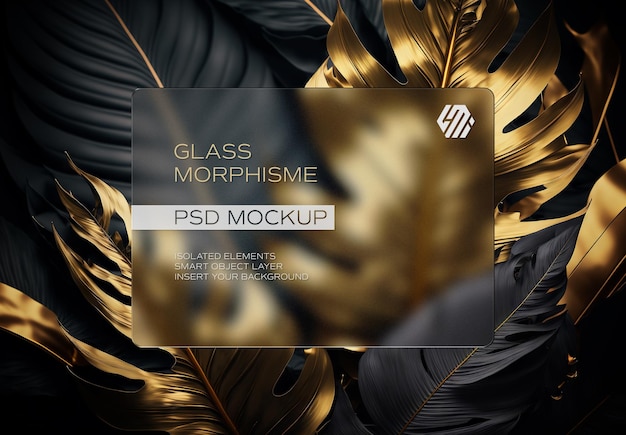 PSD 黒と金色の葉のモックアップを持つガラス形態の長方形