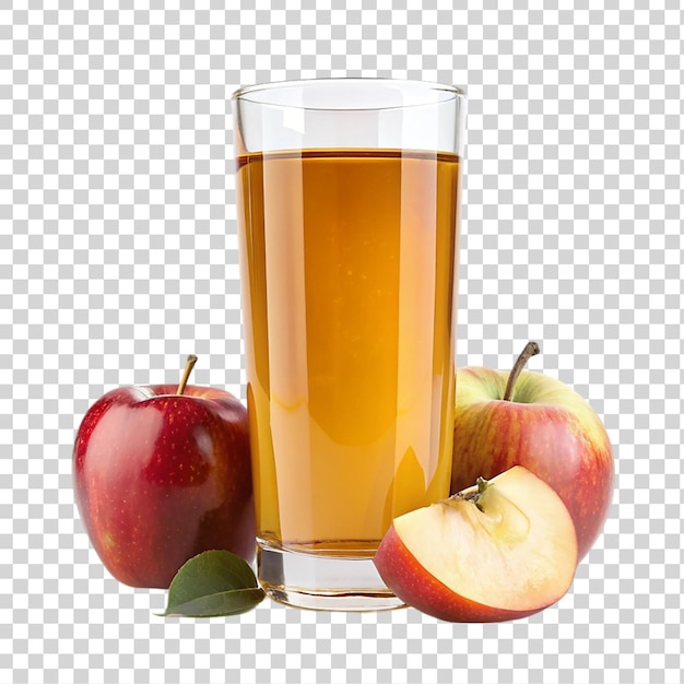 PSD 透明な背景にリンゴと葉が隔離されたリンゴジュースのグラス