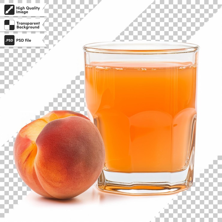 PSD a glass of orange juice next to a peach