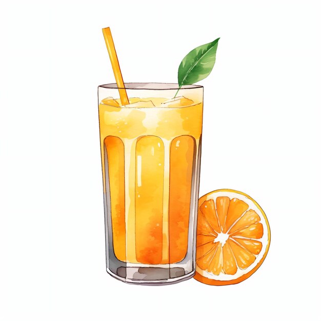 PSD glass of orange juice with lemon watercolor