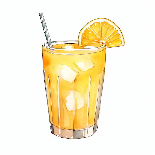 PSD glass of orange juice with lemon watercolor