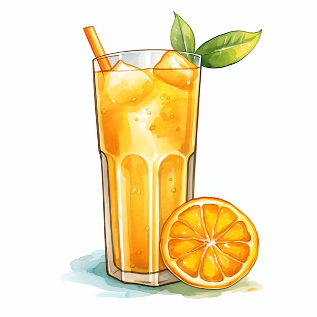 PSD glass of orange juice with lemon watercolor