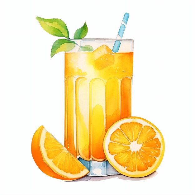 PSD glass of orange juice with lemon watercolor
