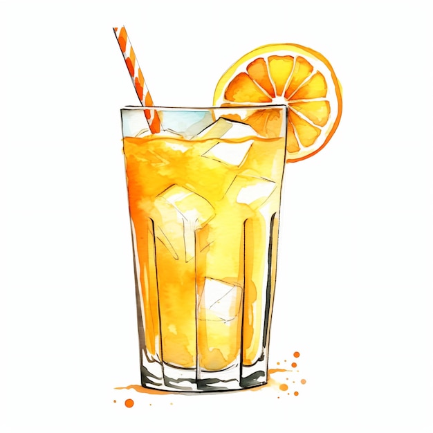 Стакан апельсинового сока с лимонной акварелью