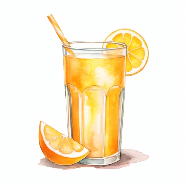 PSD glass of orange juice with lemon watercolor