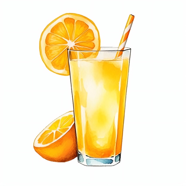 PSD glass of orange juice with lemon watercolor