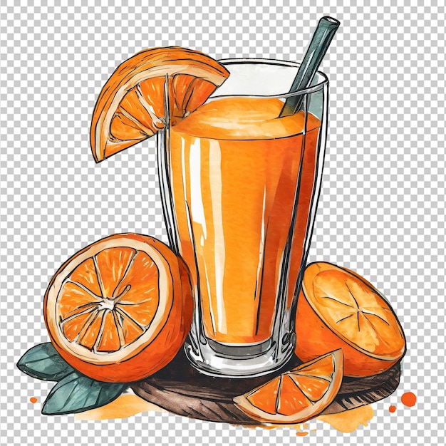 Bicchiere di succo d'arancia con paglia e arance mature su uno sfondo trasparente