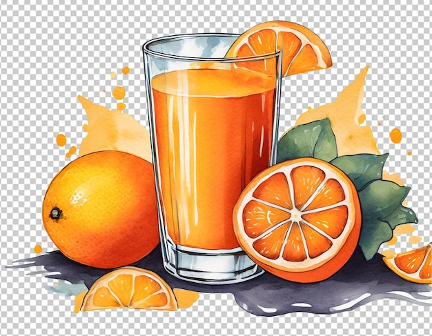 PSD bicchiere di succo d'arancia con paglia e arance mature su uno sfondo trasparente
