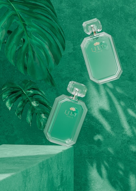 PSD glass perfume bottle mockup on tropical green background 3d render
