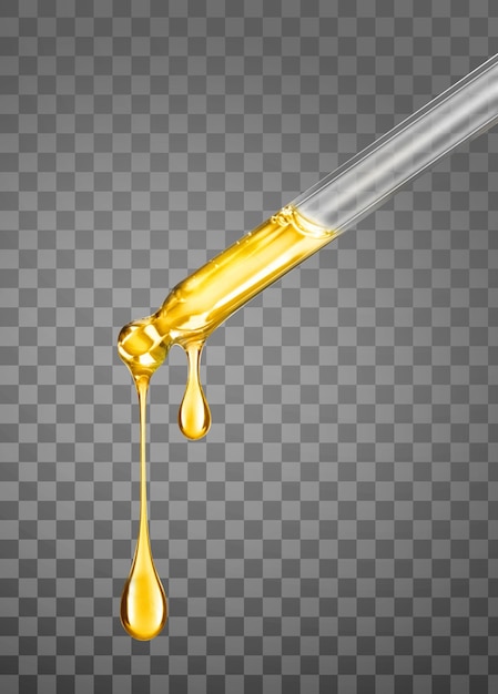 PSD glass pipette with dripping yellow liquid on a transparent background