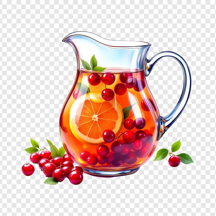 PSD a glass pitcher with red berries and oranges on it