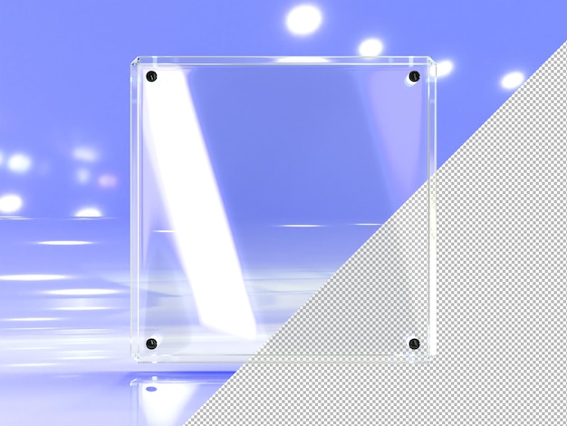 PSD Стеклянная пластина прозрачная квадратная рамка с отражением света на синем фоне пустой акриловый плакат или баннер из плексигласа с металлическим креплением прозрачный макет держателя шаблона фоторамки 3d иллюстрация