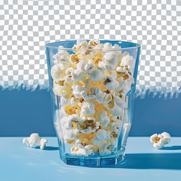 PSD a glass of popcorn is on a blue table with a white checkered background