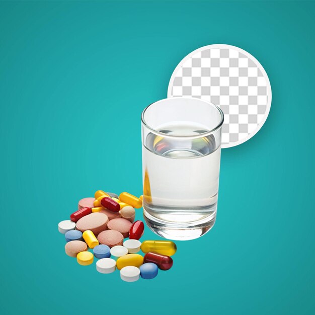 PSD a glass of pure water with colorful pills on gray surface