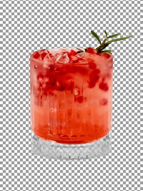 a glass of red cocktail with a sprig of rosemary on transparent background