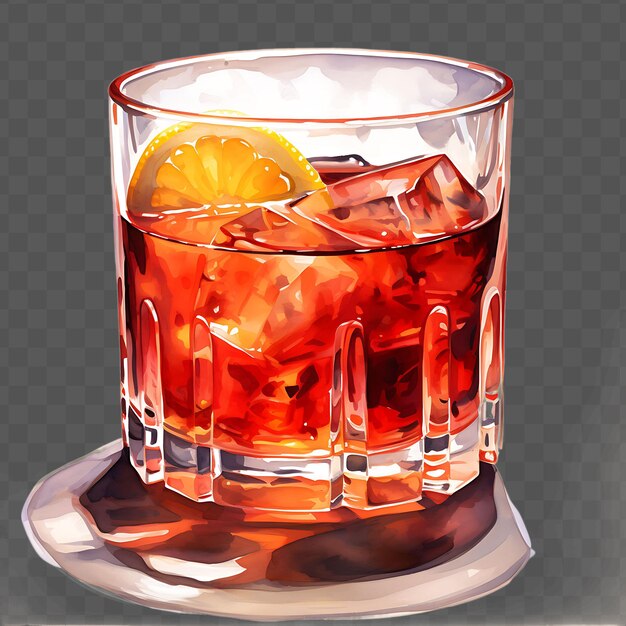 PSD a glass of red liquid with a lemon wedge on the bottom