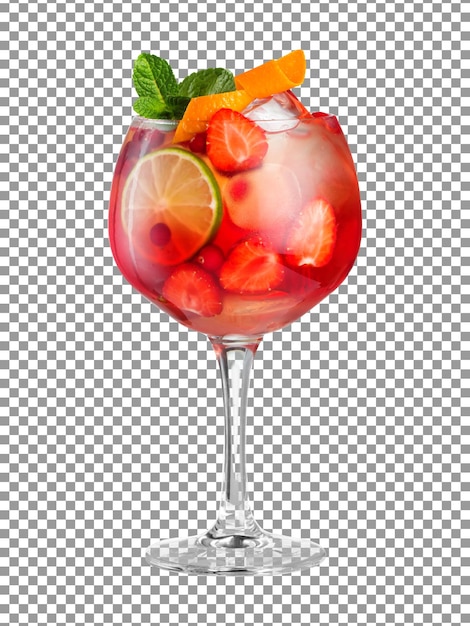 A glass of red wine with a strawberry and lime on transparent background