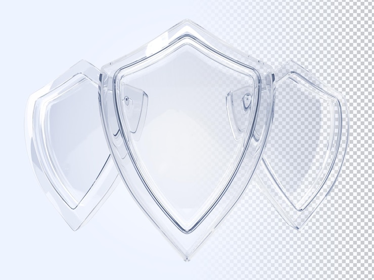 PSD ガラス シールド セット 3 d レンダリング保護と安全の概念空の透明なアクリル ガラス パネル賞トロフィーまたは青の背景の正面図に分離された証明書テンプレート