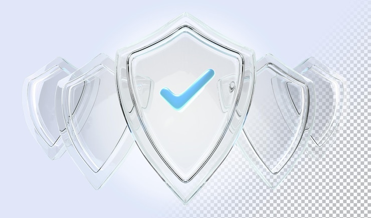 PSD glass shield with tick sign on blue background 3d render icon set concept of privacy secure data protection computer or phone access security verification system with checkmark