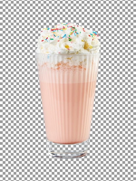 Glass of strawberry milkshake with sprinkles isolated on transparent background