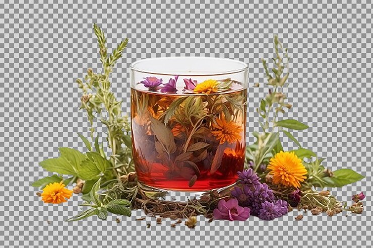 PSD a glass of tea with flowers and herbs