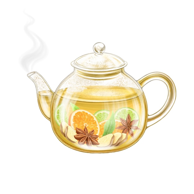 glass teapot of green tea aromatic hot green tea isolated on white background watercolor art