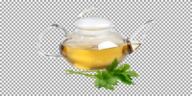 PSD glass teapot with green tea isolated on transparent background