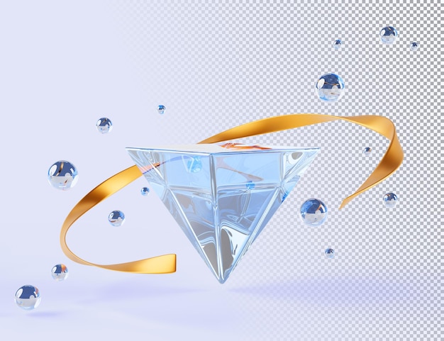 Glass transparent clear inverted triangle with gold wave ribbon and soap bubbles or water drops on blue background 3d render flying abstract geometric shapes crystal rainbow pyramid 3d illustration