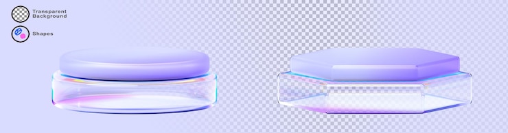 PSD glass transparent round and hexagon stand podium 3d render icon set hologram rainbow crystal pedestal for product display abstract isolated platform stage mockup purple background